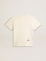 Women's aged white cotton T-shirt with print and embroidery