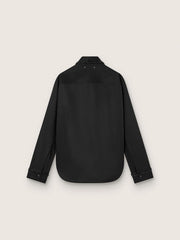 Women's shirt in black wool twill with floral embroidery in glass beads