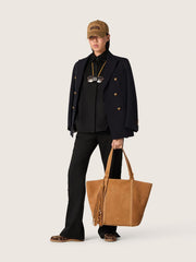 Women's shirt in black wool twill with floral embroidery in glass beads