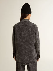 Women's black denim shirt with ton sur ton floral pattern