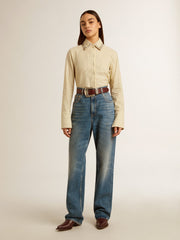 Ecru shirt with stripes and embroidered crystals