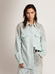 Women's bleached boyfriend shirt with cabochon crystals