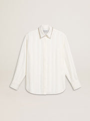 Women's shirt with a vertical striped pattern and crystal embroidery