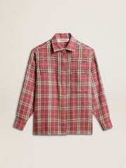 sand and gray check embroidery Women's shirt with pink