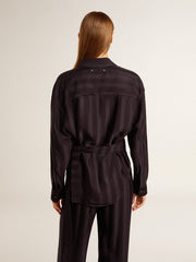 Women's black shirt with vertical stripes and side knot closure