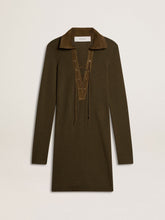 Military green wool mini dress with leather details