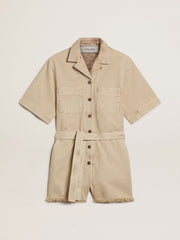 Women's romper in beige denim with belt and frayed hem