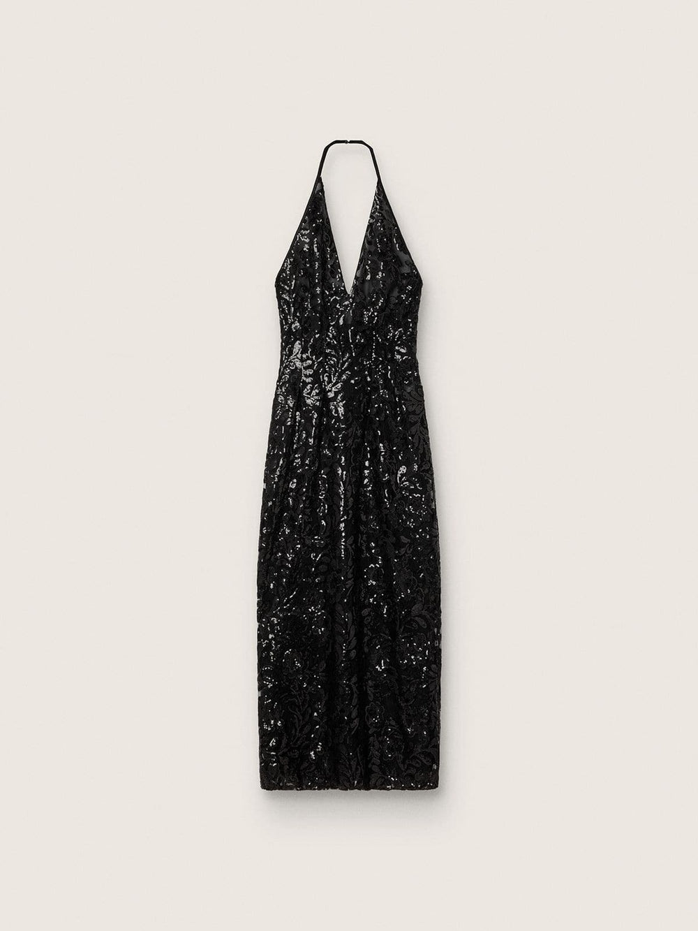 Women's long dress in tulle with floral embroidery in black sequins