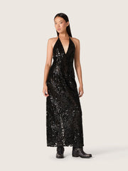 Women's long dress in tulle with floral embroidery in black sequins