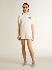 Women's Oasis polo dress in white perforated jersey with burgundy stripes