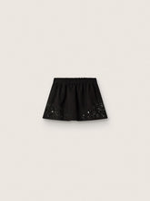 Women’s miniskirt in black cotton twill with floral sequin embroidery