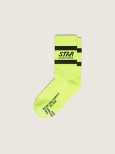 Neon yellow sports socks with black stripes