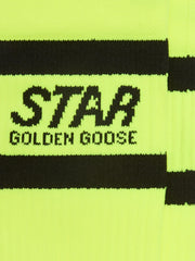 Neon yellow sports socks with black stripes