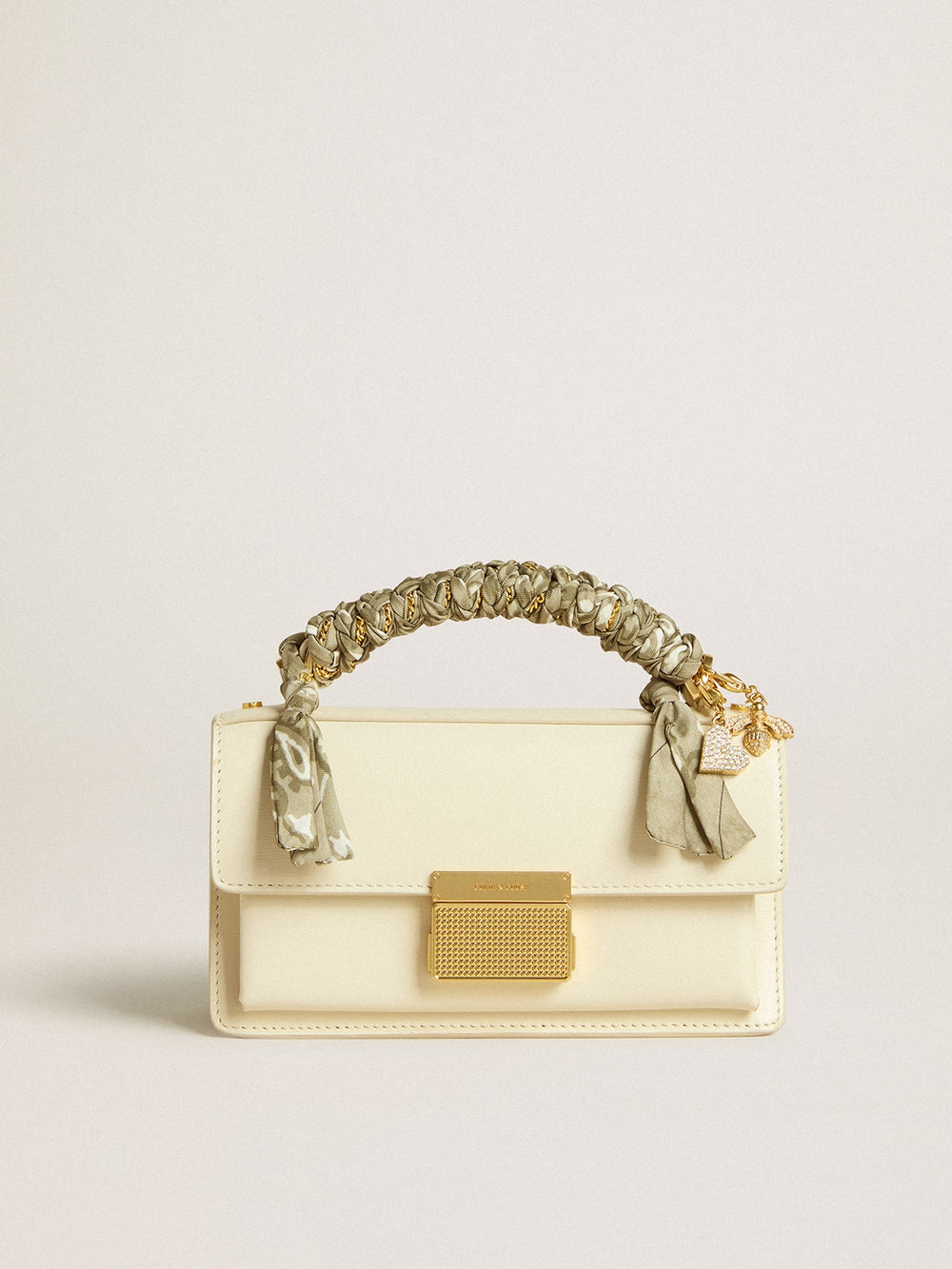 Small Venezia Bag in butter-colored boarded leather with braided scarf and double charm