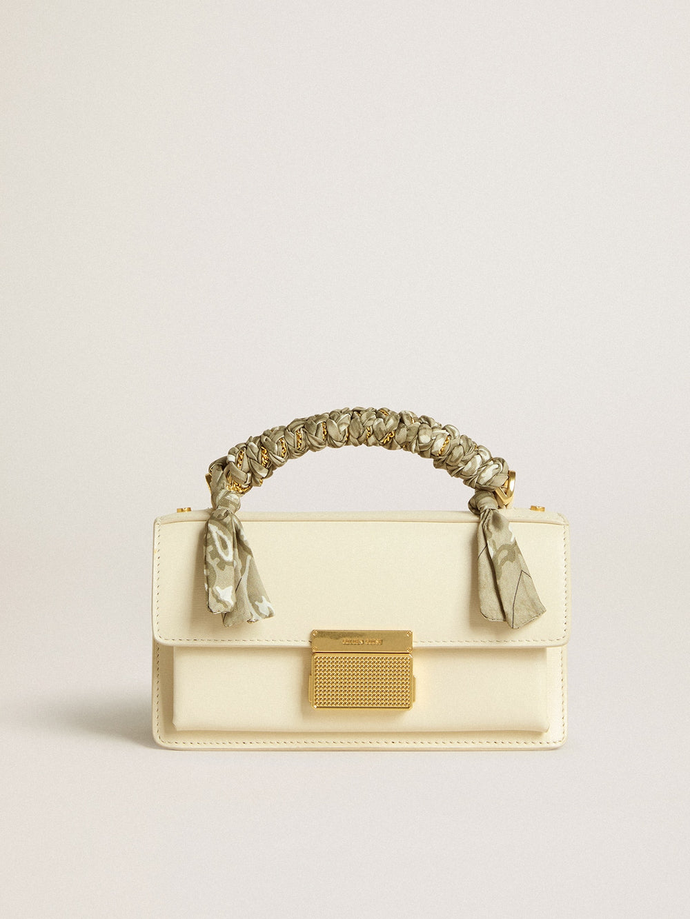 Small Venezia Bag in butter-colored boarded leather with braided scarf