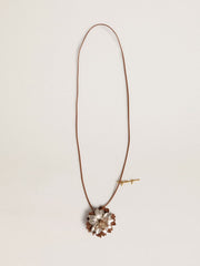 Pendant flower charm in tan and champagne leather