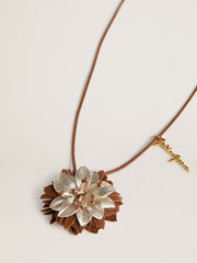 Pendant flower charm in tan and champagne leather