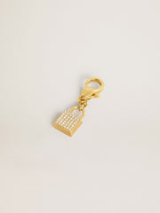 Lock-shaped charm in gold-colored brass with crystals