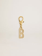 Letter B charm in gold-colored brass with crystals