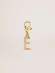 Letter E charm in gold-colored brass with crystals