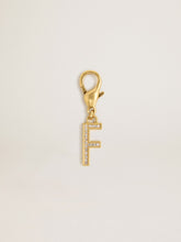 Letter F charm in gold-colored brass with crystals