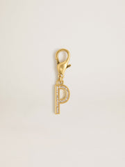 Letter P charm in gold-colored brass with crystals