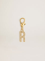 Letter R charm in gold-colored brass with crystals