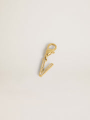 Letter V charm in gold-colored brass with crystals