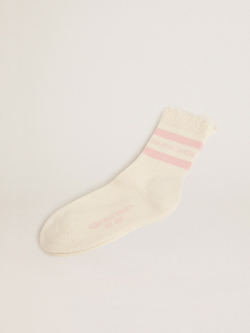 Distressed-finish white socks with baby-pink logo and stripes