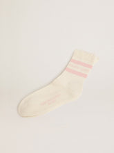 Distressed-finish white socks with baby-pink logo and stripes