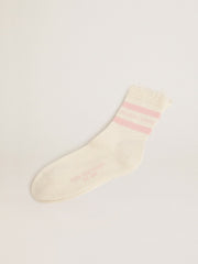 Distressed-finish white socks with baby-pink logo and stripes