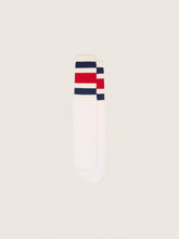 Worn-white socks with blue and red stripes