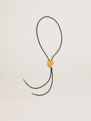 Jewelmates bolo tie necklace in black leather with antique gold metal detail