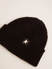 Black wool beanie with white star