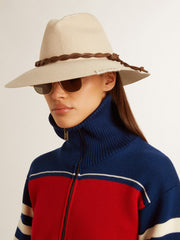 Parchment-colored fedora hat with leather band