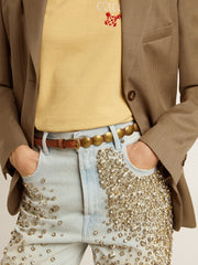 Trinidad thin belt in dark brown leather with silver studs