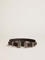 Black belt in washed leather with silver-colored double buckle