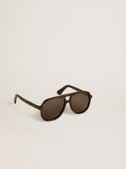 Aviator style sunglasses with black frame and lenses