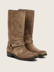 Women's high Biker boots in dark beige waxed suede with strap and a silver-colored buckle
