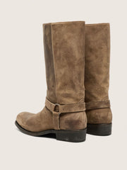 Women's high Biker boots in dark beige waxed suede with strap and a silver-colored buckle