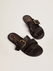 Black leather flat sandals with buckle Margaret Golden Goose