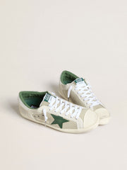 Men’s Super-Star LTD in white suede and mesh with green leather star and silver heel tab