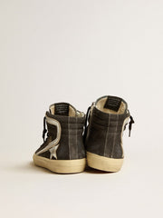 Slide in black suede with silver metallic leather star and flash