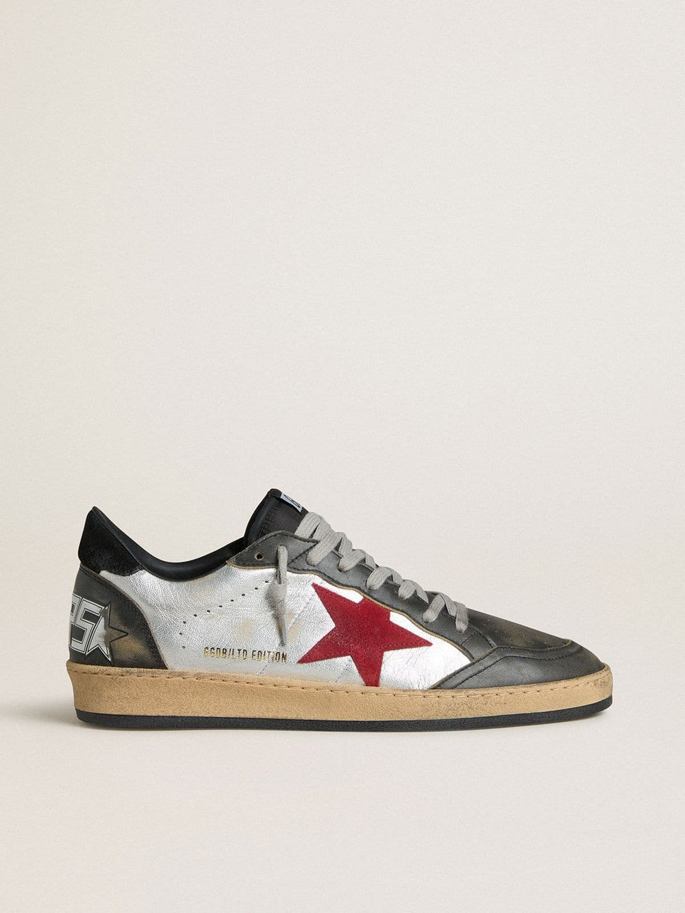 Men's Ball Star LTD in silver laminated leather with red suede star and black inserts