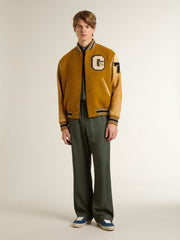 Ochre yellow wool bomber jacket with leather sleeves