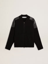 Men's black merino wool jacket with leather patches