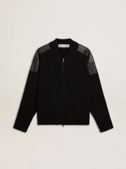 Men's black merino wool jacket with leather patches