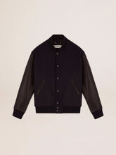 Men’s bomber jacker in blue wool and black leather Golden Goose