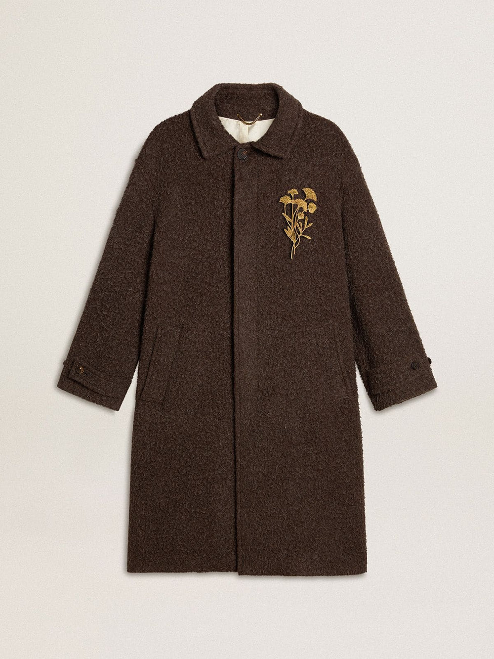 Men's single-breasted Journey coat in wrinkle wool blend with floral pin