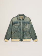 Men's washed denim jacket with wool blend ribbing